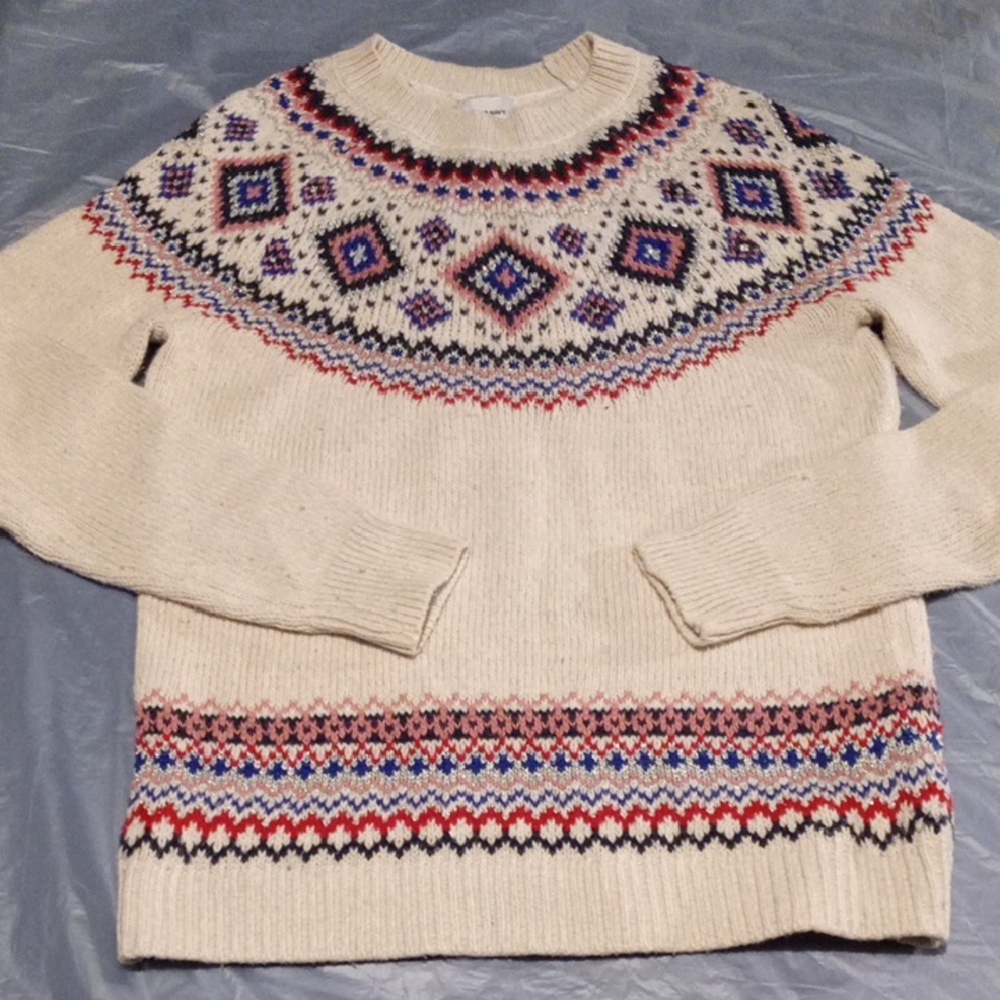 Old Navy Women's Beige Patterned Crewneck Sweater